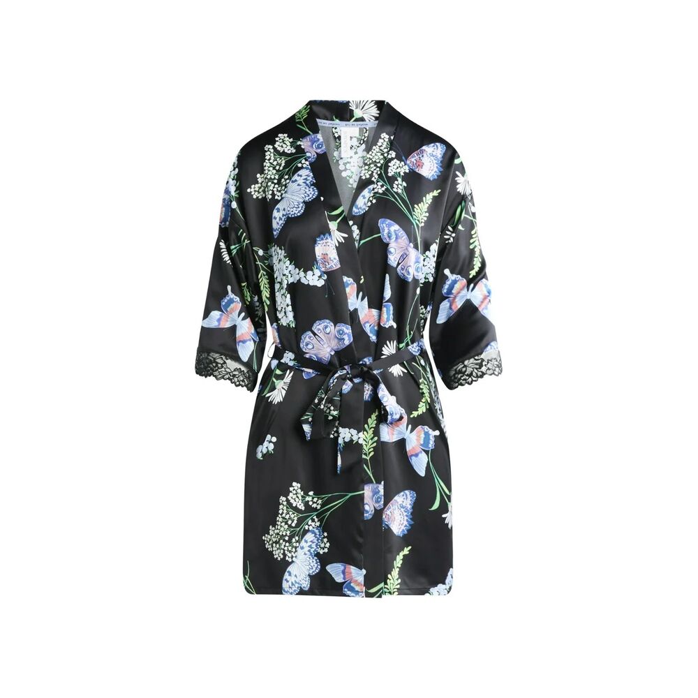 Joyspun Women’s Lace Trim Satin Robe – Black Floral Butterfly Print – Size Small
